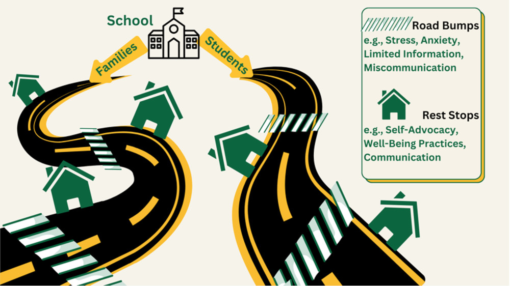This displays the road bumps (barriers) and rest stops (strategies and resources) that young adults with disabilities and their families face as they navigate the journey to adulthood.