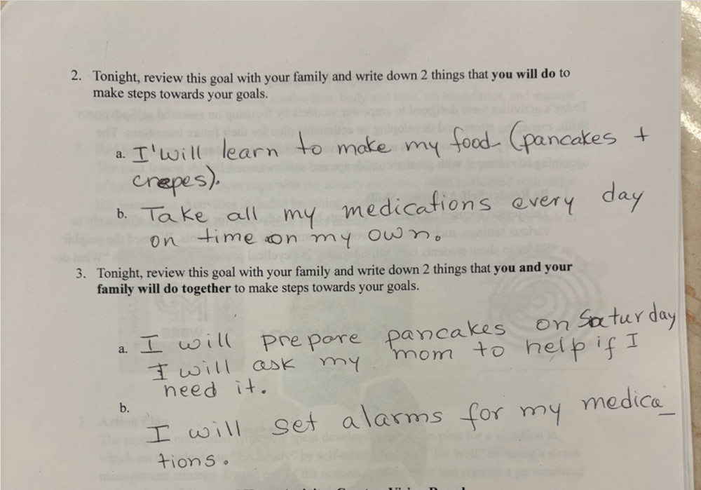 An example of a BRBW goal-setting activity completed by a young adult and their family during Session 1.